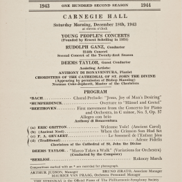 New York Philharmonic Printed Program (Young People's Concert), Dec 18, 1943 at Carnegie Hall
